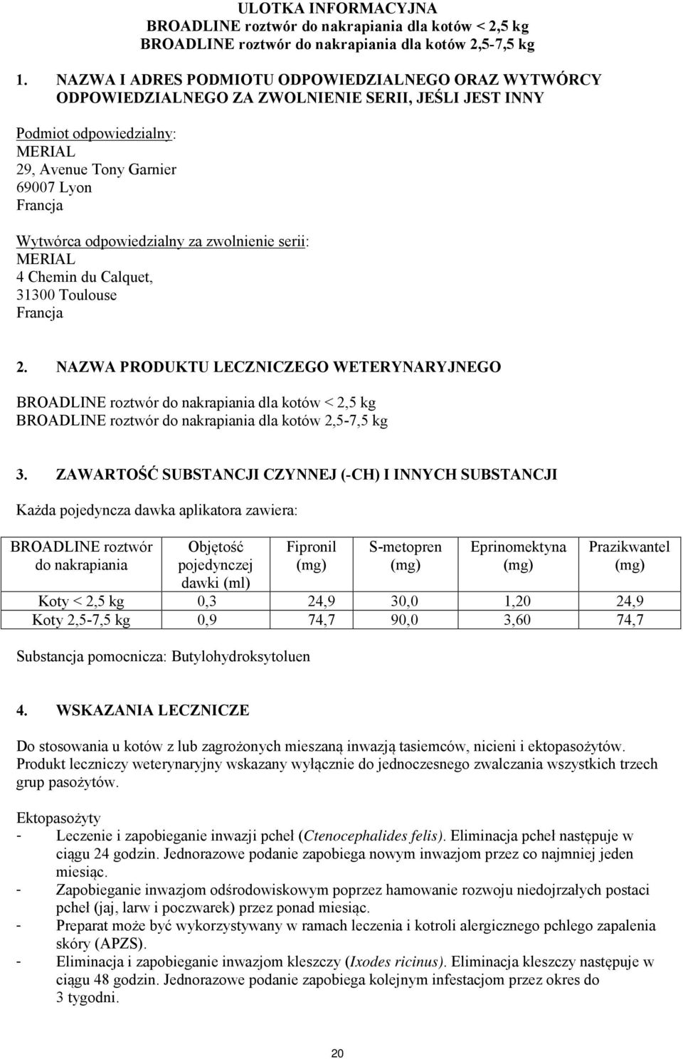 odpowiedzialny za zwolnienie serii: MERIAL 4 Chemin du Calquet, 31300 Toulouse Francja 2.