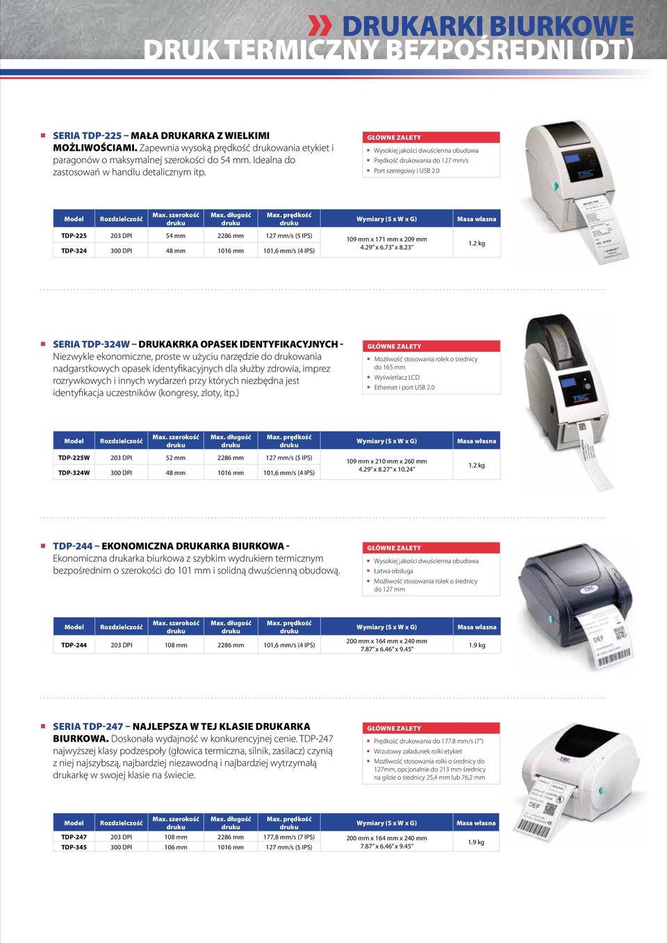 0 TDP-225 203 DPI 54 mm 2286 mm 127 mm/s (5 IPS) TDP-324 300 DPI 48 mm 1016 mm 101,6 mm/s (4 IPS) 109 mm x 171 mm x 209 mm 4.29 x 6.73 x 8.23 1.