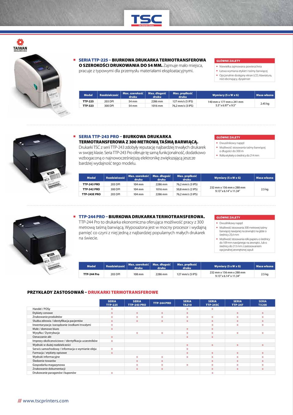 177 mm x 241 mm TTP-323 300 DPI 54 mm 1016 mm 76,2 mm/s (3 IPS) 5.5 x 6.97 x 9.5 2.45 kg n SERIA TTP-243 PRO BIURKOWA DRUKARKA TERMOTRANSFEROWA Z 300 METROWĄ TAŚMĄ BARWIĄCĄ.