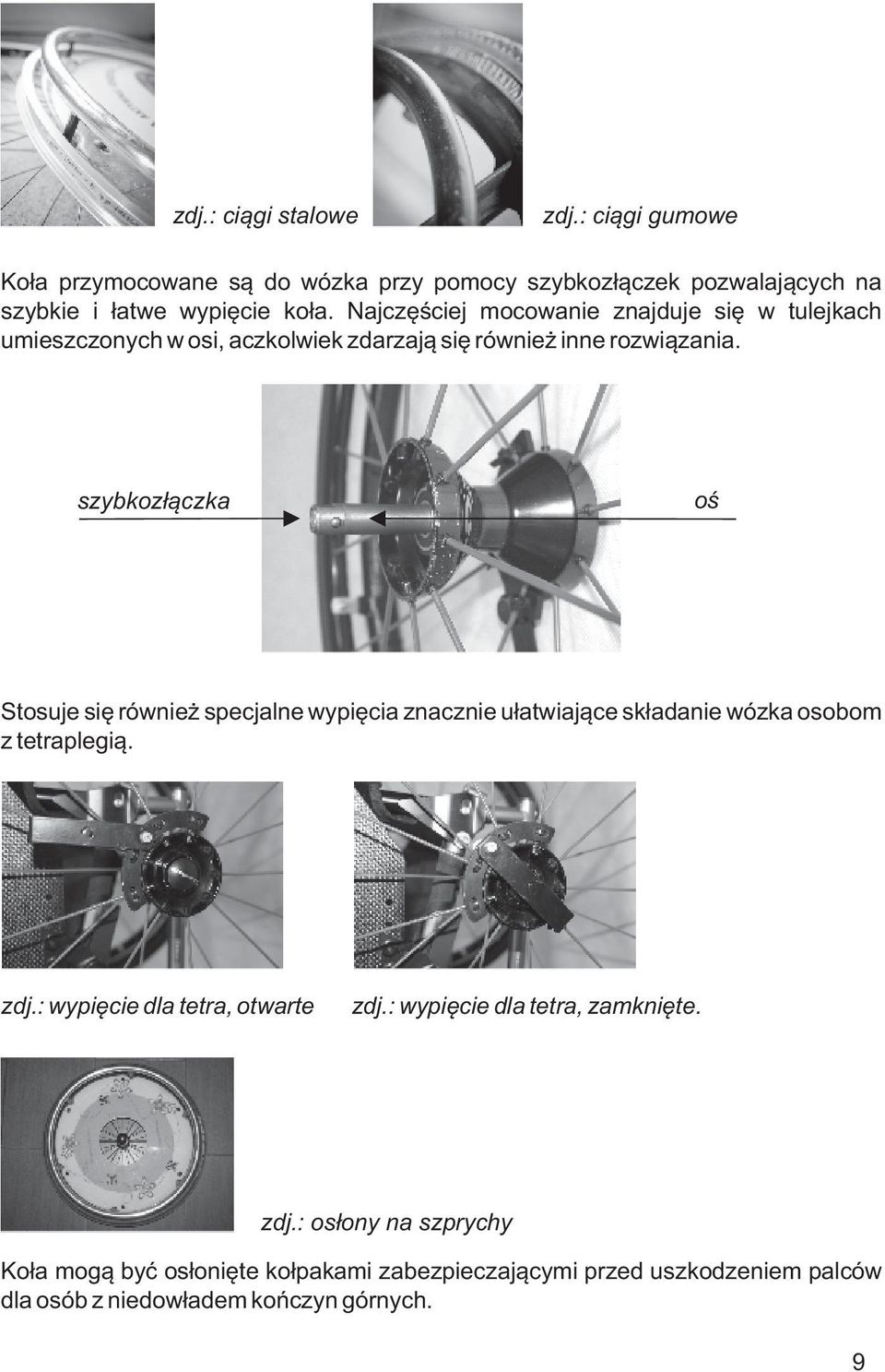 szybkozłączka oś Stosuje się również specjalne wypięcia znacznie ułatwiające składanie wózka osobom z tetraplegią. zdj.