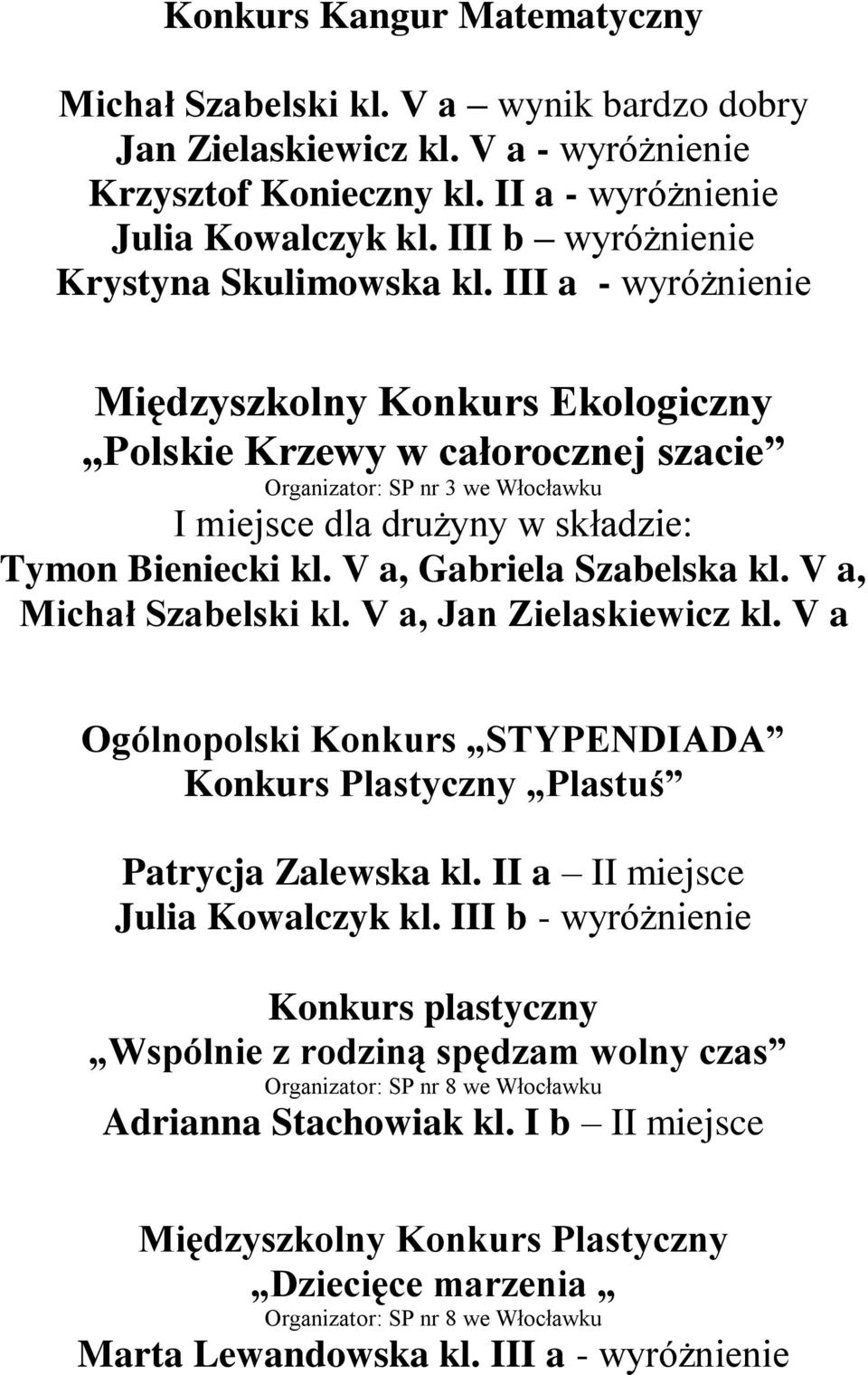 III a - wyróżnienie Międzyszkolny Konkurs Ekologiczny Polskie Krzewy w całorocznej szacie Organizator: SP nr 3 we Włocławku I miejsce dla drużyny w składzie: Tymon Bieniecki kl.