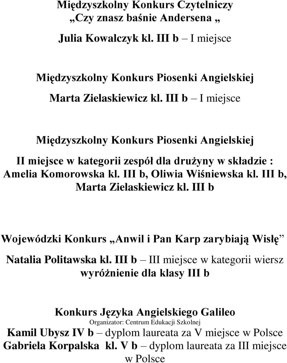 III b, Marta Zielaskiewicz kl. III b Wojewódzki Konkurs Anwil i Pan Karp zarybiają Wisłę Natalia Politawska kl.