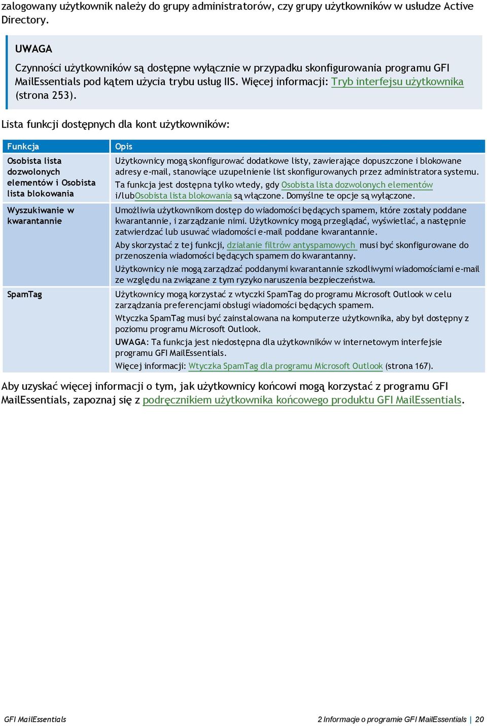 Lista funkcji dostępnych dla kont użytkowników: Funkcja Osobista lista dozwolonych elementów i Osobista lista blokowania Wyszukiwanie w kwarantannie SpamTag Opis Użytkownicy mogą skonfigurować