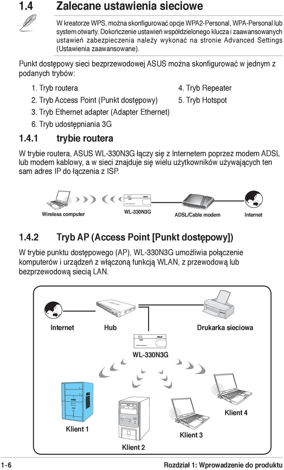 Punkt dostępowy sieci bezprzewodowej ASUS można skonfigurować w jednym z podanych trybów: 1. Tryb routera 4. Tryb Repeater 2. Tryb Access Point (Punkt dostępowy) 5. Tryb Hotspot 3.