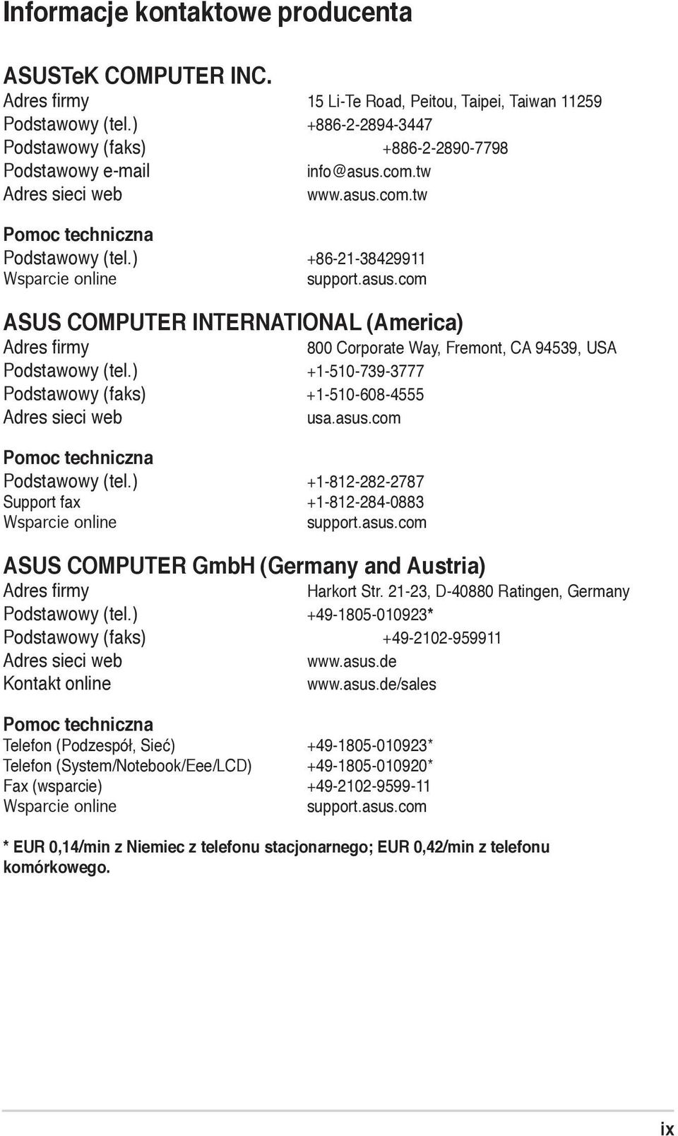 ).... +1-510-739-3777 Podstawowy (faks)... +1-510-608-4555 Adres sieci web usa.asus.com Pomoc techniczna Podstawowy (tel.).... +1-812-282-2787 Support fax +1-812-284-0883 Wsparcie online support.asus.com 800 Corporate Way, Fremont, CA 94539, USA ASUS COMPUTER GmbH (Germany and Austria) Adres firmy Podstawowy (tel.