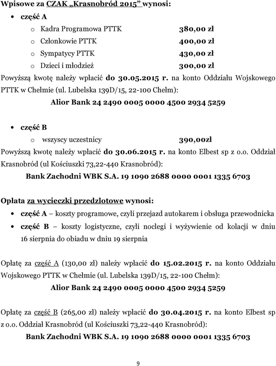 Lubelska 139D/15, 22-100 Chełm): Alior Bank 24 2490 0005 0000 4500 2934 5259 część B o wszyscy uczestnicy 390,00zł Powyższą kwotę należy wpłacić do 30.06.2015 r. na konto Elbest sp z o.o. Oddział Krasnobród (ul Kościuszki 73,22-440 Krasnobród): Bank Zachodni WBK S.