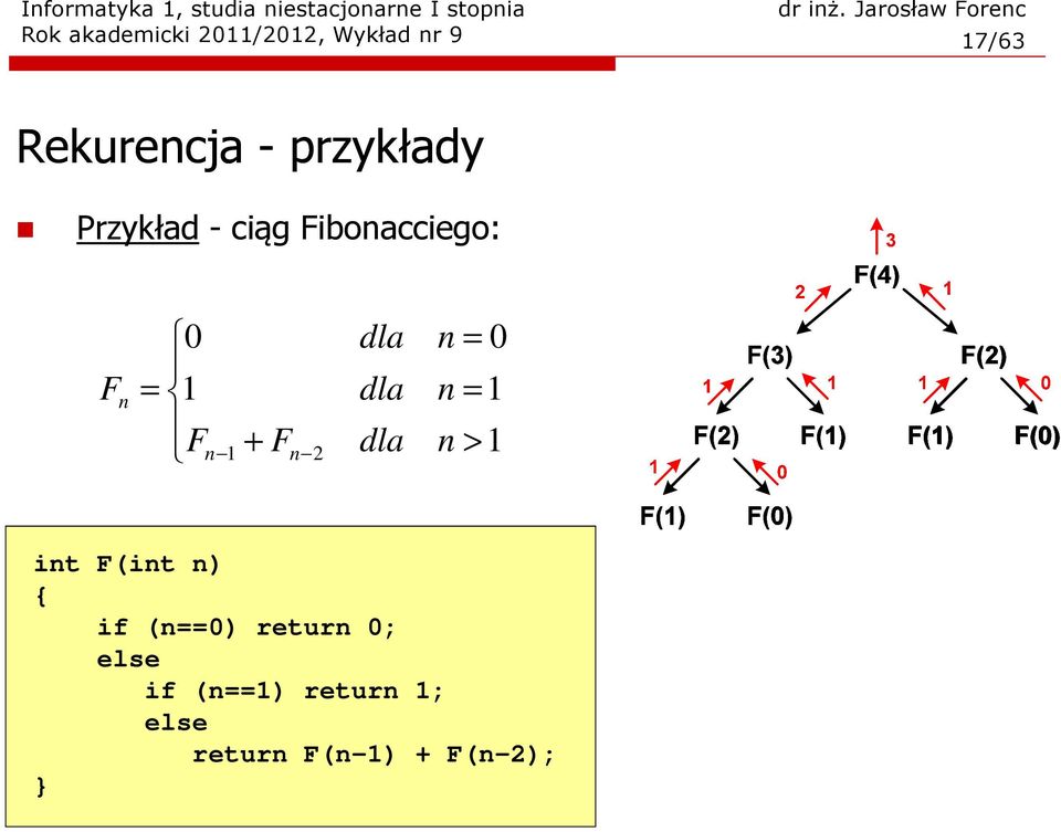 dla n = 1 F + F dla n > 1 n 1 + n 2 n 1 int F(int n) { if