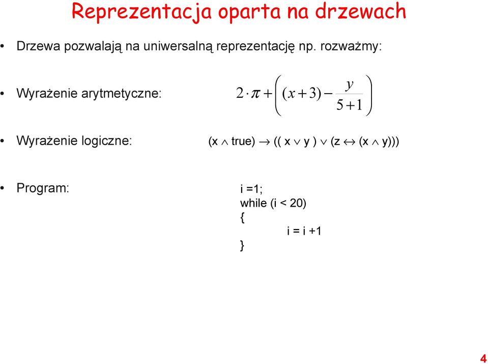 rozważmy: Wyrażenie arytmetyczne: 2 π + ( x + 3) y 5 + 1