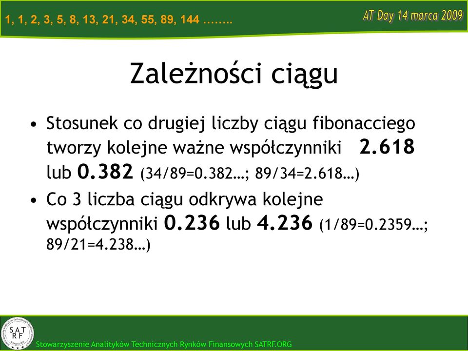 tworzy kolejne ważne współczynniki 2.618 lub 0.382 (34/89=0.