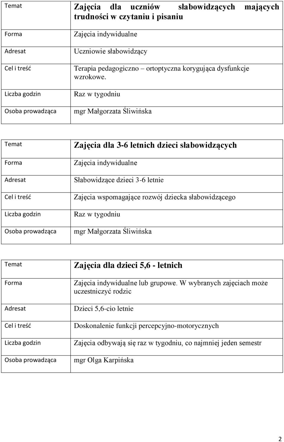 Raz w tygodniu mgr Małgorzata Śliwińska Zajęcia dla 3-6 letnich dzieci słabowidzących Słabowidzące dzieci 3-6 letnie Zajęcia wspomagające rozwój dziecka