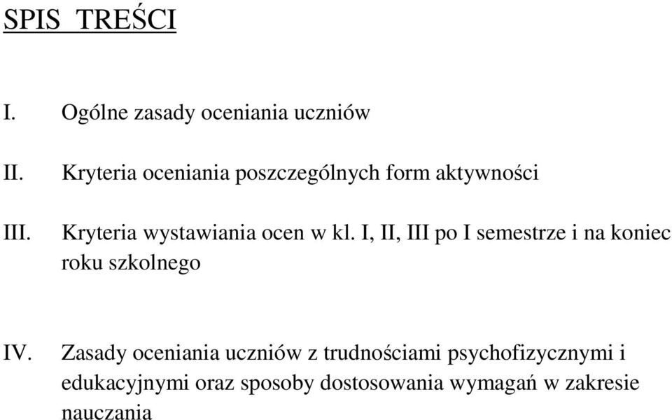 I, II, III po I semestrze i na koniec roku szkolnego IV.