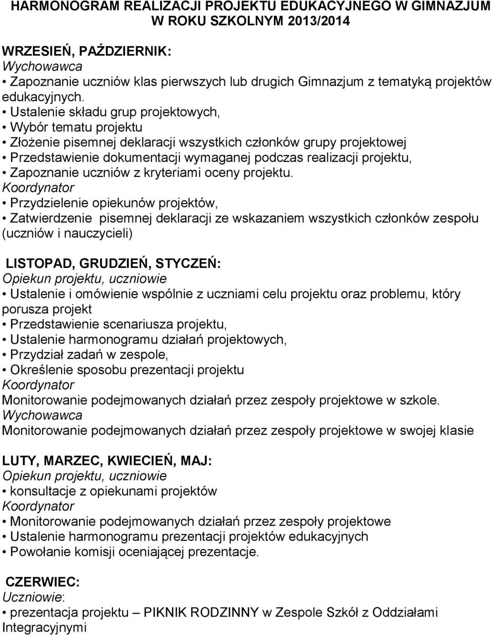 Ustalenie składu grup projektowych, Wybór tematu projektu Złożenie pisemnej deklaracji wszystkich członków grupy projektowej Przedstawienie dokumentacji wymaganej podczas realizacji projektu,