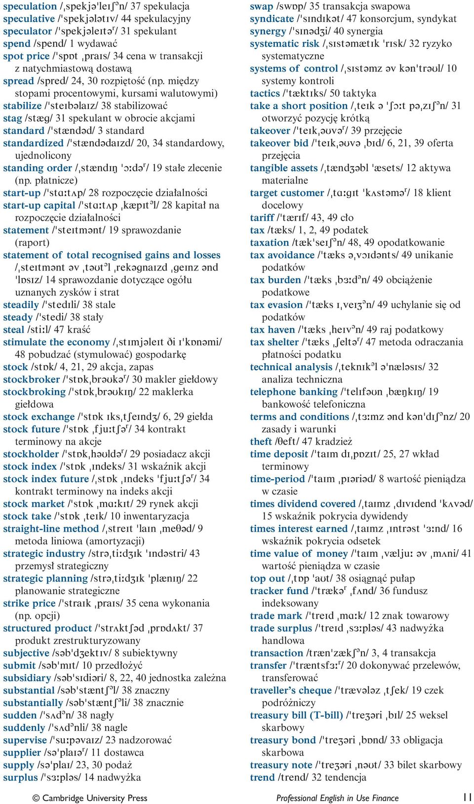 mi dzy stopami procentowymi, kursami walutowymi) stabilize /'steib@laiz/ 38 stabilizowaç stag /st{g/ 31 spekulant w obrocie akcjami standard /'st{nd@d/ 3 standard standardized /'st{nd@daizd/ 20, 34