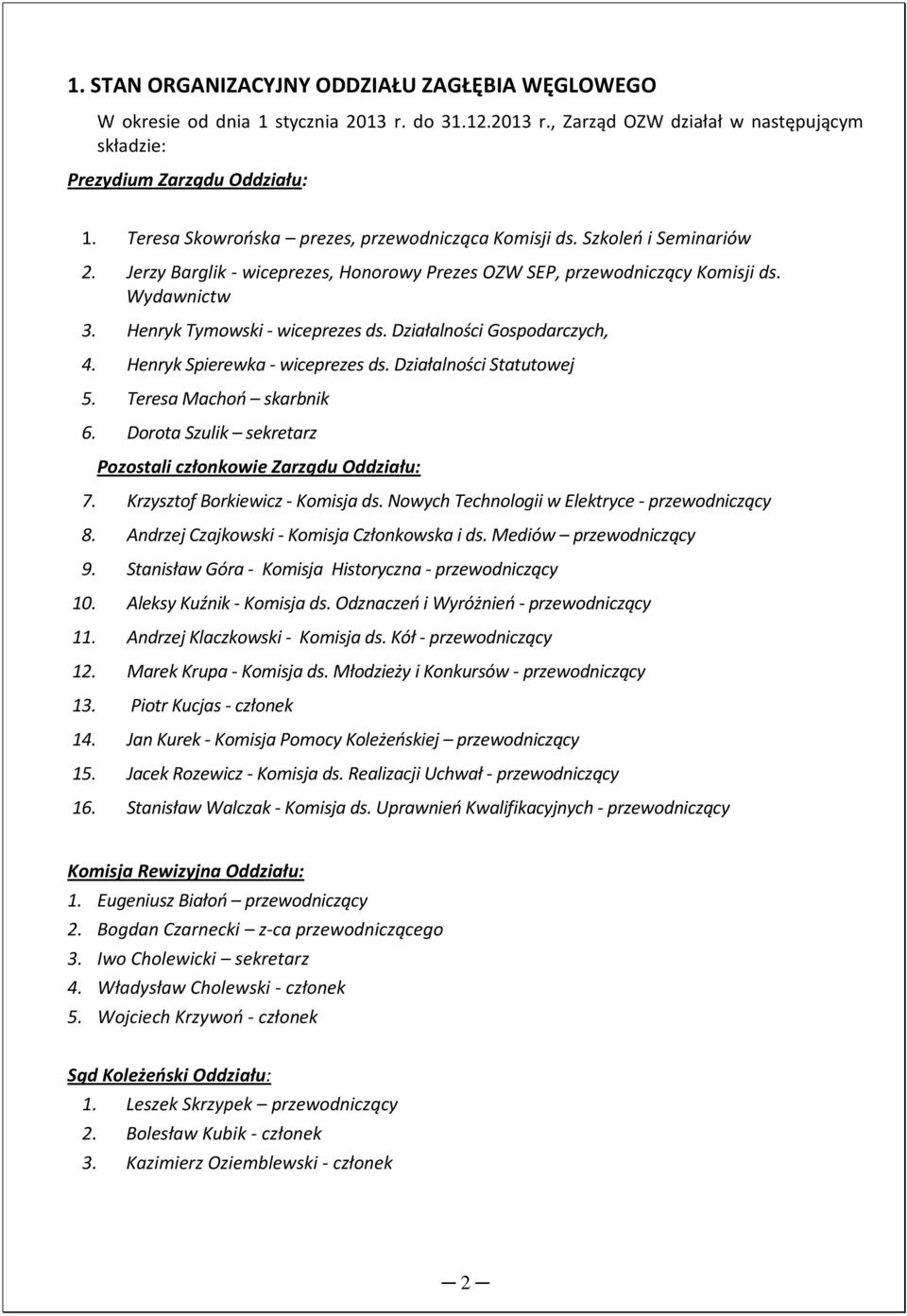 Henryk Tymowski - wiceprezes ds. Działalności Gospodarczych, 4. Henryk Spierewka - wiceprezes ds. Działalności Statutowej 5. Teresa Machoń skarbnik 6.