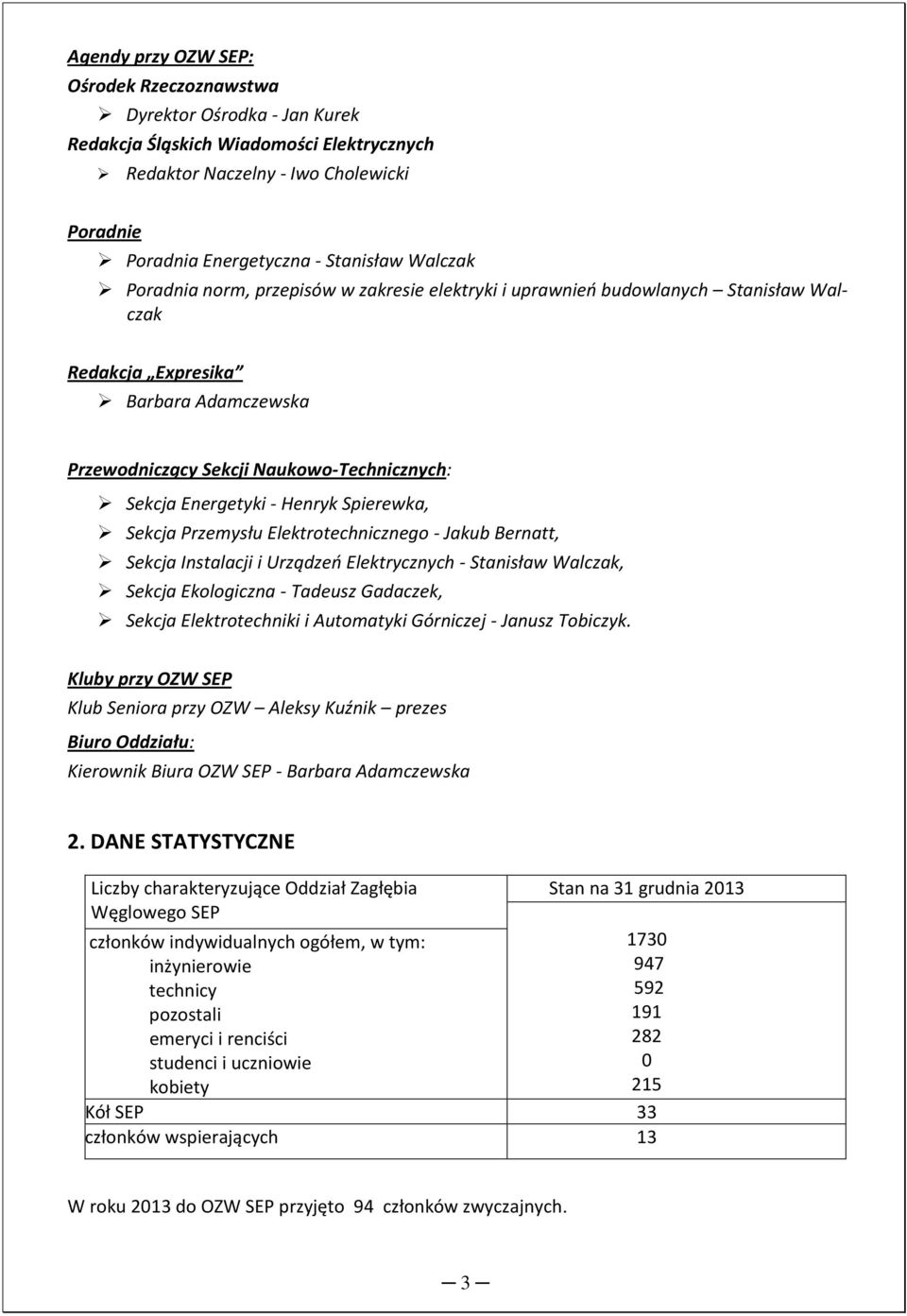 Henryk Spierewka, Sekcja Przemysłu Elektrotechnicznego - Jakub Bernatt, Sekcja Instalacji i Urządzeń Elektrycznych - Stanisław Walczak, Sekcja Ekologiczna - Tadeusz Gadaczek, Sekcja Elektrotechniki i