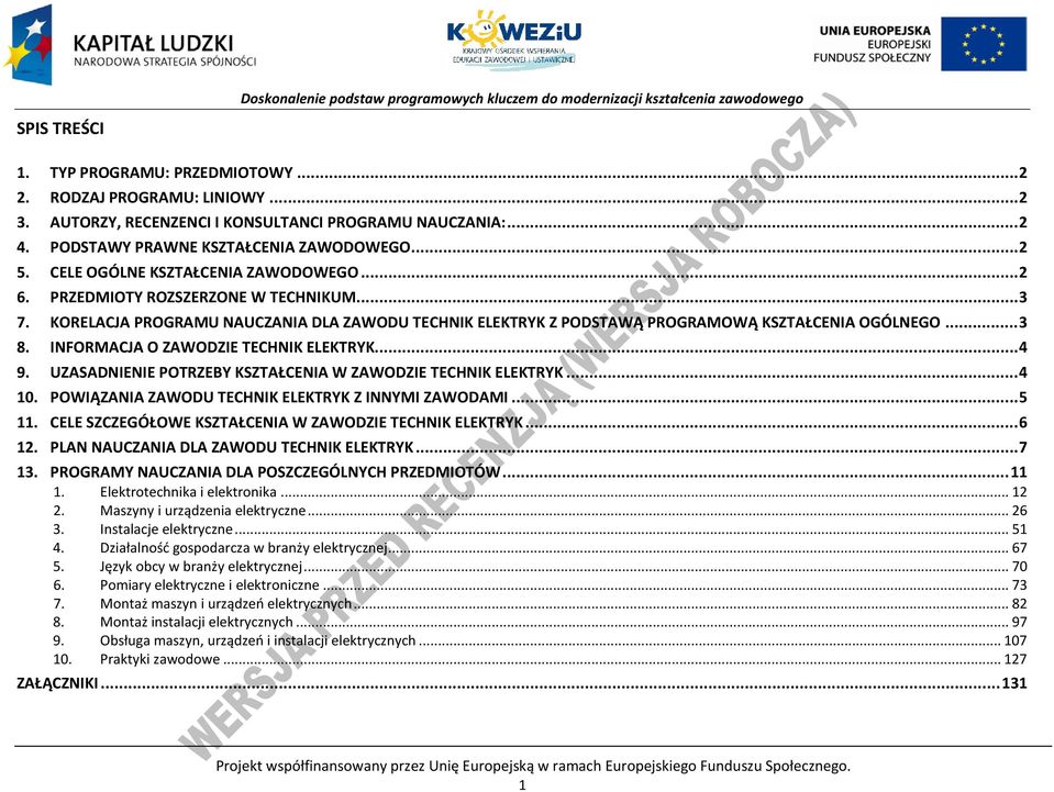 INFORMAJA O ZAWODZIE TEHNIK ELEKTRYK... 4 9. UZASADNIENIE OTRZEY KSZTAŁENIA W ZAWODZIE TEHNIK ELEKTRYK... 4 10. OWIĄZANIA ZAWODU TEHNIK ELEKTRYK Z INNYMI ZAWODAMI... 5 11.