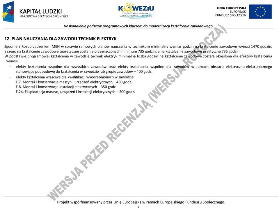 W podstawie programowej kształcenia w zawodzie technik elektryk minimalna liczba godzin na kształcenie zawodowe została określona dla efektów kształcenia i wynosi: efekty kształcenia wspólne dla