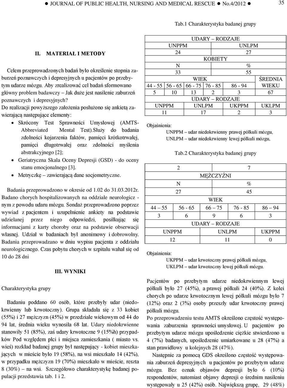 Aby zrealizować cel badań sformowano główny problem badawczy Jak duże jest nasilenie zaburzeń poznawczych i depresyjnych?