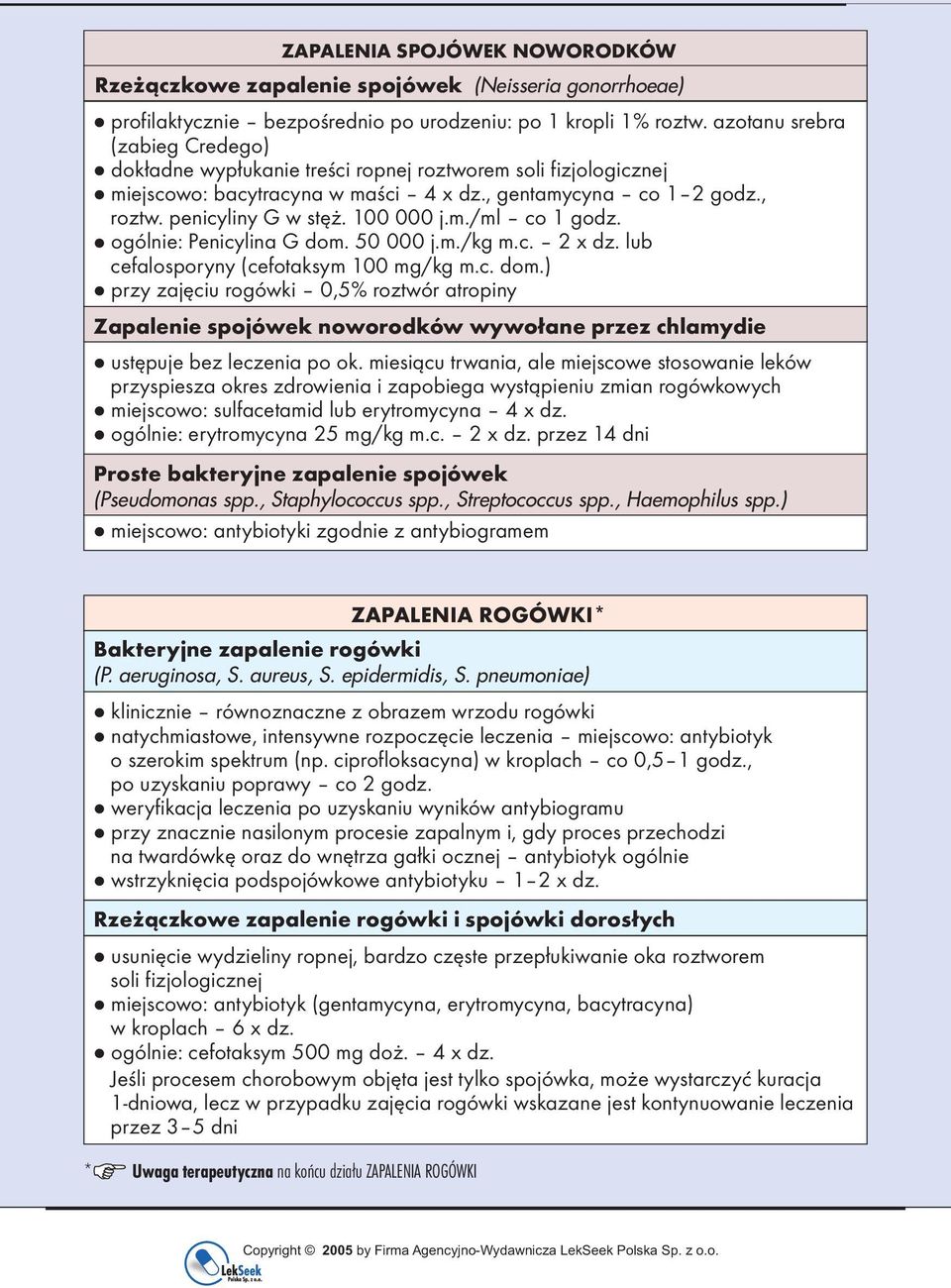 m./ml co 1 godz. ogólnie: Penicylina G dom. 50 000 j.m./kg m.c. 2 x dz. lub cefalosporyny (cefotaksym 100 mg/kg m.c. dom.) przy zajęciu rogówki 0,5% roztwór atropiny Zapalenie spojówek noworodków wywołane przez chlamydie ustępuje bez leczenia po ok.