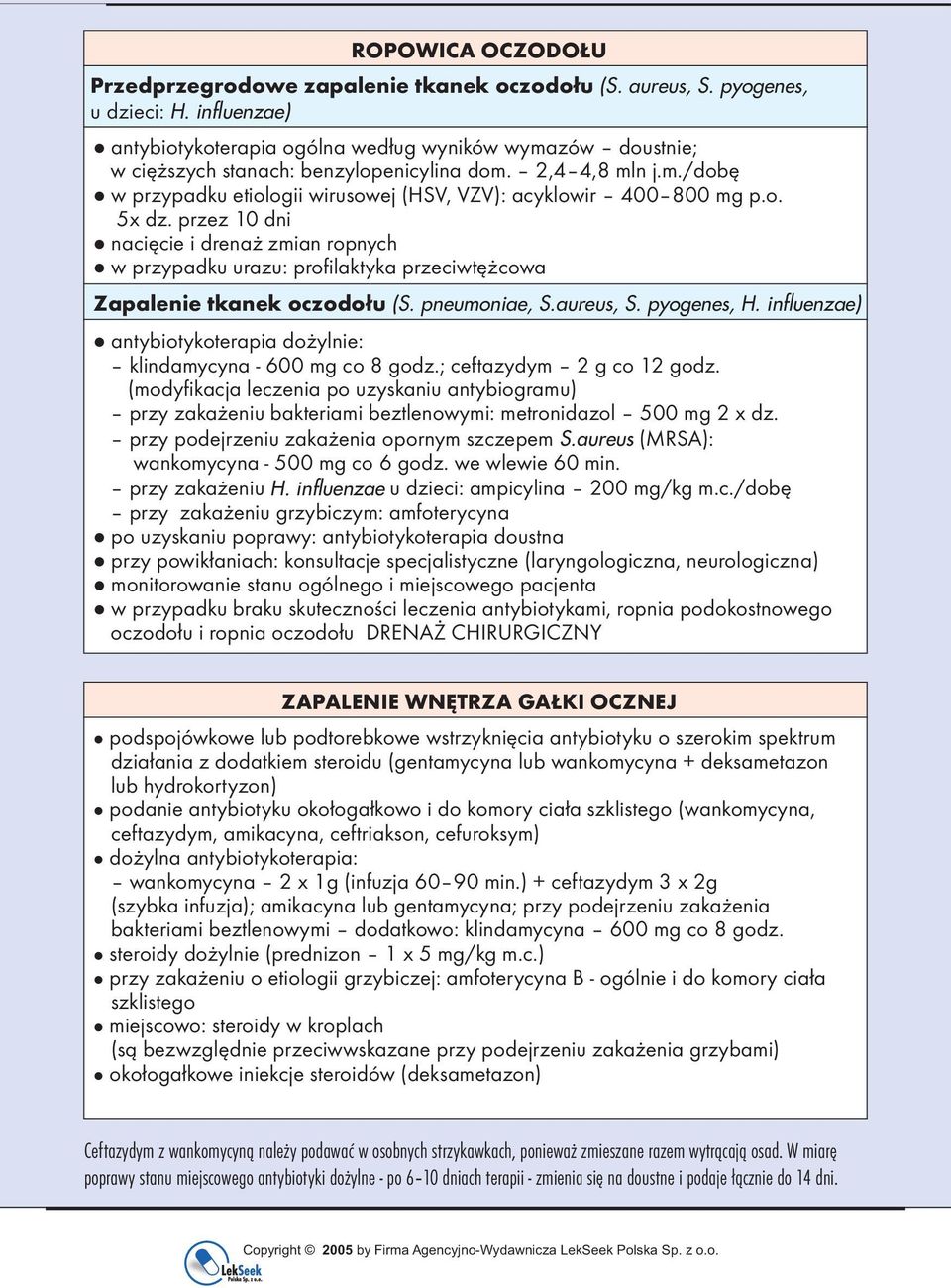 o. 5x dz. przez 10 dni nacięcie i drenaż zmian ropnych w przypadku urazu: profilaktyka przeciwtężcowa Zapalenie tkanek oczodołu (S. pneumoniae, S.aureus, S. pyogenes, H.