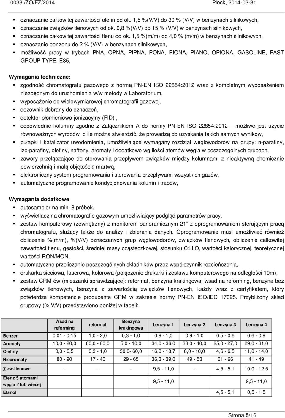 1,5 %(m/m) do 4,0 % (m/m) w benzynach silnikowych, oznaczanie benzenu do 2 % (V/V) w benzynach silnikowych, możliwość pracy w trybach PNA, OPNA, PIPNA, PONA, PIONA, PIANO, OPIONA, GASOLINE, FAST