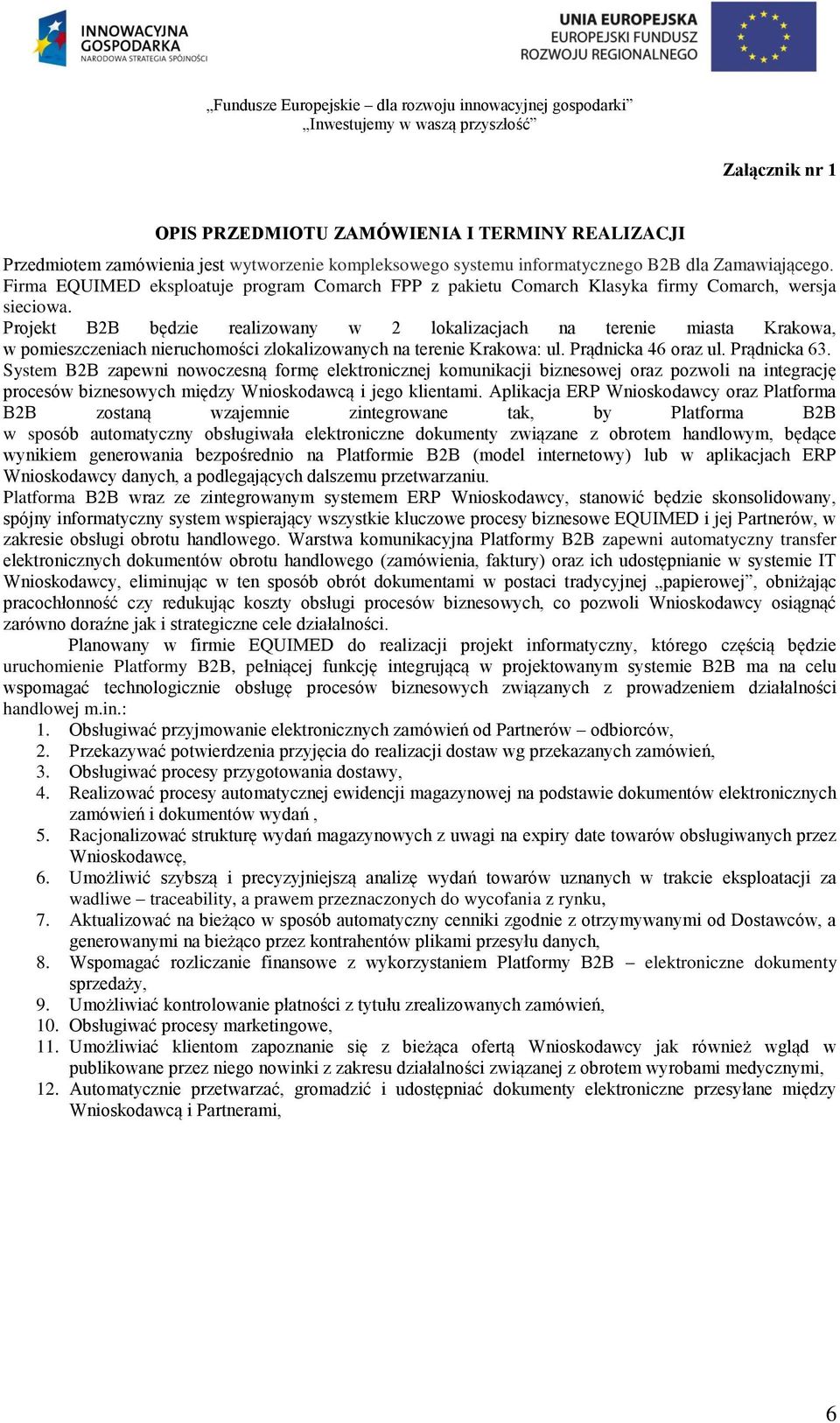 Projekt B2B będzie realizowany w 2 lokalizacjach na terenie miasta Krakowa, w pomieszczeniach nieruchomości zlokalizowanych na terenie Krakowa: ul. Prądnicka 46 oraz ul. Prądnicka 63.