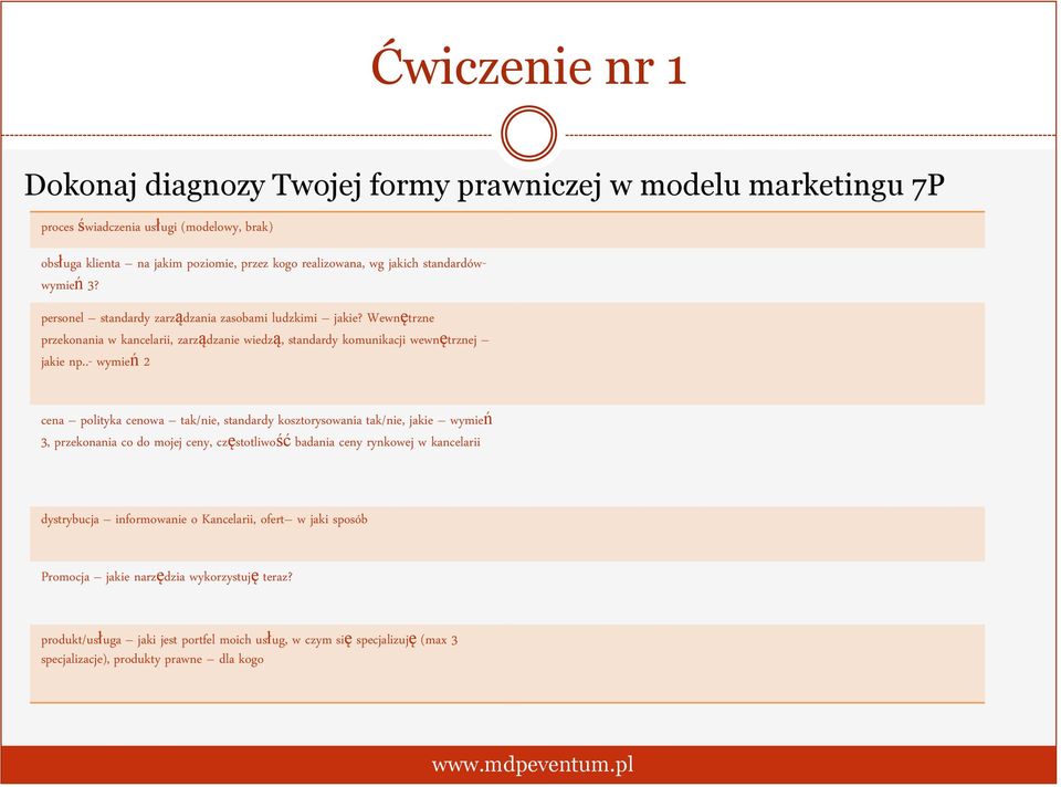 .- wymień 2 cena polityka cenowa tak/nie, standardy kosztorysowania tak/nie, jakie wymień 3, przekonania co do mojej ceny, częstotliwość badania ceny rynkowej w kancelarii dystrybucja