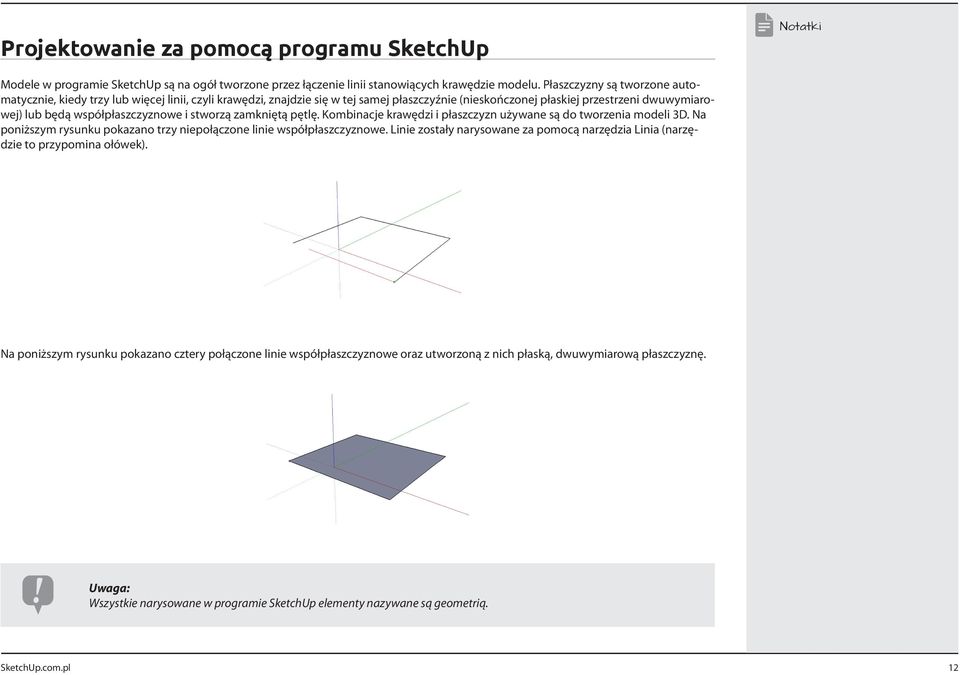 współpłaszczyznowe i stworzą zamkniętą pętlę. Kombinacje krawędzi i płaszczyzn używane są do tworzenia modeli 3D. Na poniższym rysunku pokazano trzy niepołączone linie współpłaszczyznowe.