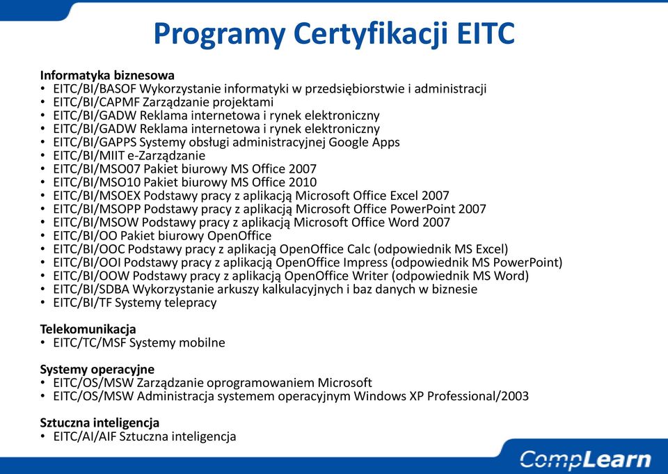 Pakiet biurowy MS Office 2010 EITC/BI/MSOEX Podstawy pracy z aplikacją Microsoft Office Excel 2007 EITC/BI/MSOPP Podstawy pracy z aplikacją Microsoft Office PowerPoint 2007 EITC/BI/MSOW Podstawy