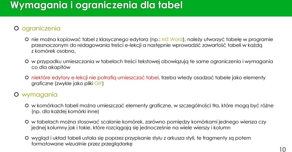 treści tekstowej obowiązują te same ograniczenia i wymagania co dla akapitów niektóre edytory e-lekcji nie potrafią umieszczać tabel, trzeba wtedy osadzać tabele jako elementy graficzne (zwykle jako