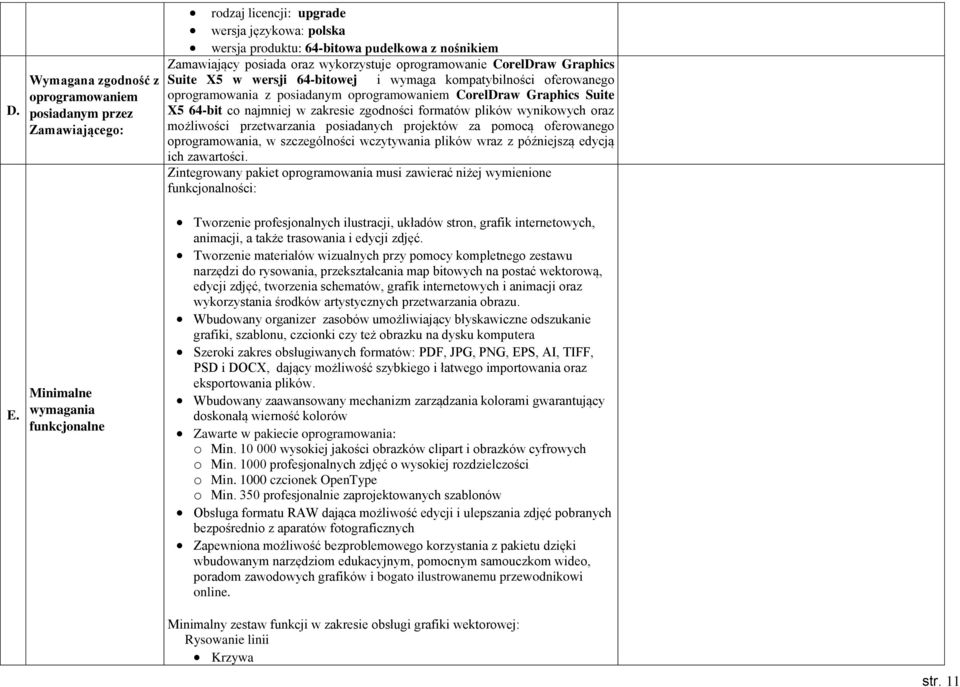 CorelDraw Graphics Suite X5 64-bit co najmniej w zakresie zgodności formatów plików wynikowych oraz możliwości przetwarzania posiadanych projektów za pomocą oferowanego oprogramowania, w
