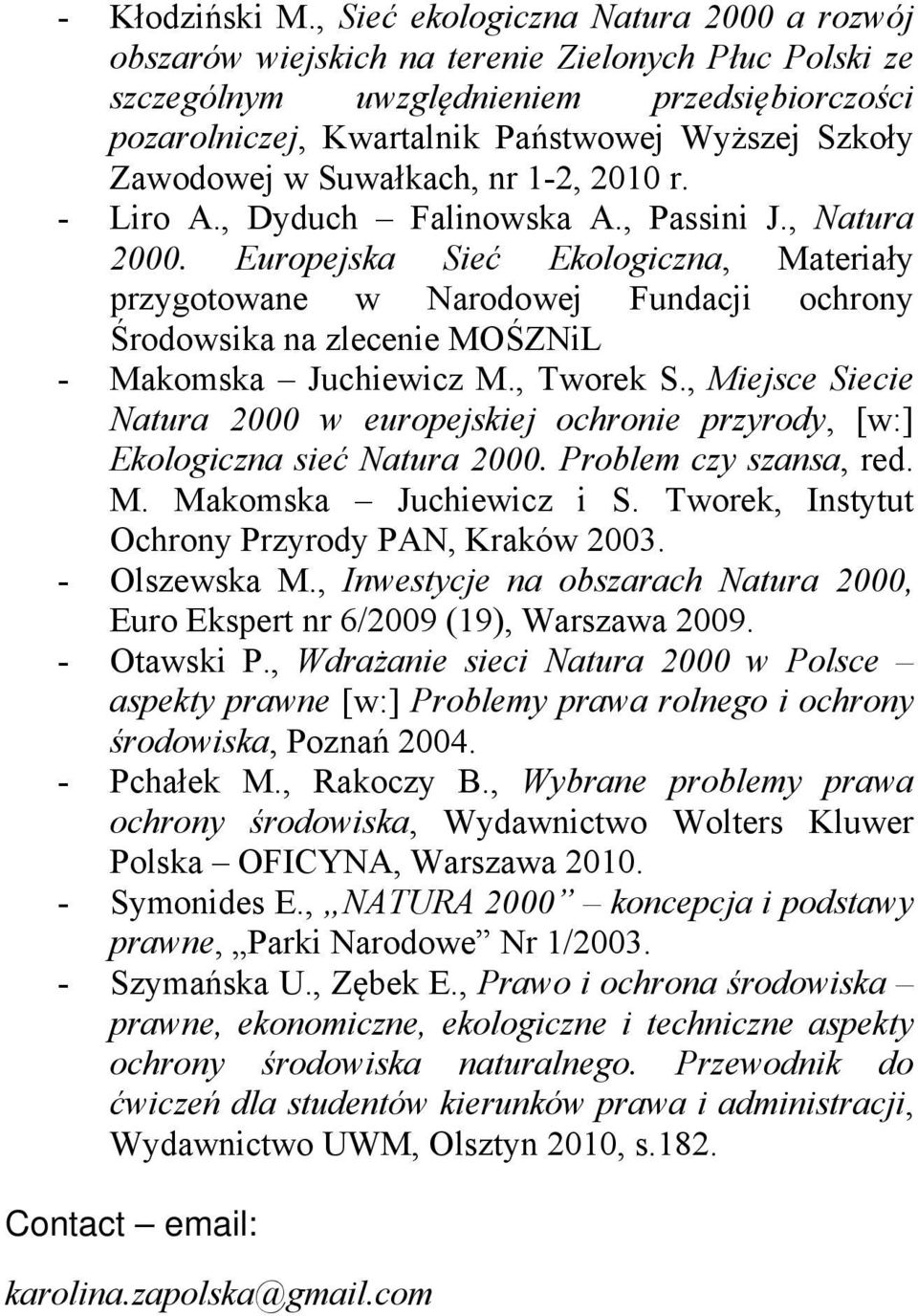 Zawodowej w Suwałkach, nr 1-2, 2010 r. - Liro A., Dyduch Falinowska A., Passini J., Natura 2000.