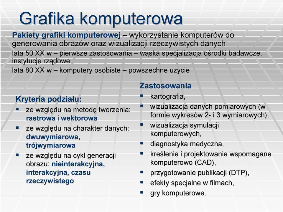 dwuwymiarowa, trójwymiarowa ze względu na cykl generacji obrazu: interakcyjna, interakcyjna, czasu rzeczywistego Zastosowania kartografia, wizualizacja danych pomiarowych (w formie wykresów 2-2