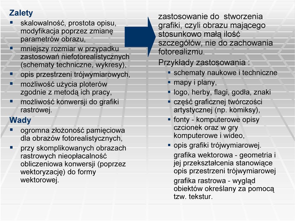 Wady ogromna złożoność pamięciowa dla obrazów fotorealistycznych, przy skomplikowanych obrazach rastrowych opłacalność obliczeniowa konwersji (poprzez wektoryzację) do formy wektorowej.