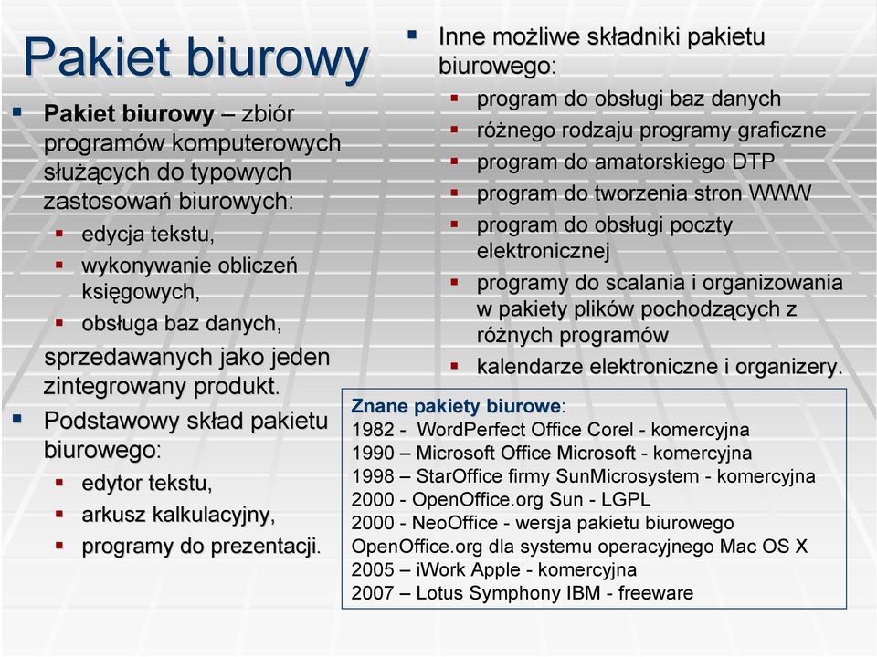 Inne możliwe składniki pakietu biurowego: program do obsługi baz danych różnego rodzaju programy graficzne program do amatorskiego DTP program do tworzenia stron WWW program do obsługi poczty