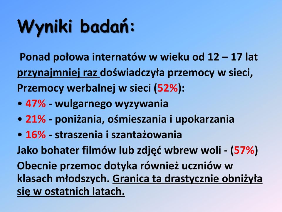 upokarzania 16% - straszenia i szantażowania Jako bohater filmów lub zdjęć wbrew woli - (57%) Obecnie