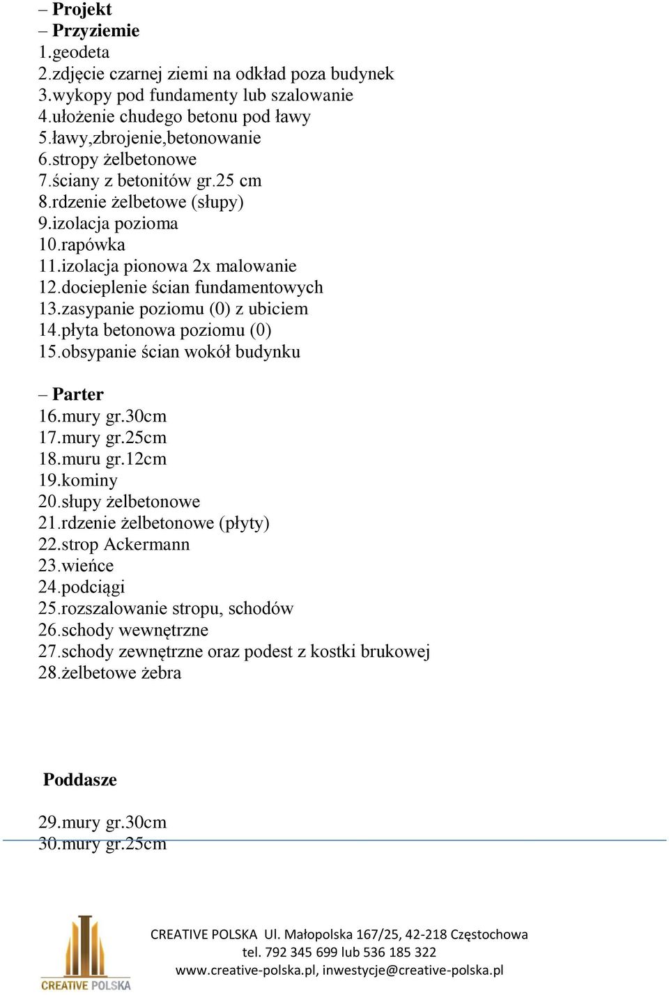 zasypanie poziomu (0) z ubiciem 14.płyta betonowa poziomu (0) 15.obsypanie ścian wokół budynku Parter 16.mury gr.30cm 17.mury gr.25cm 18.muru gr.12cm 19.kominy 20.słupy żelbetonowe 21.