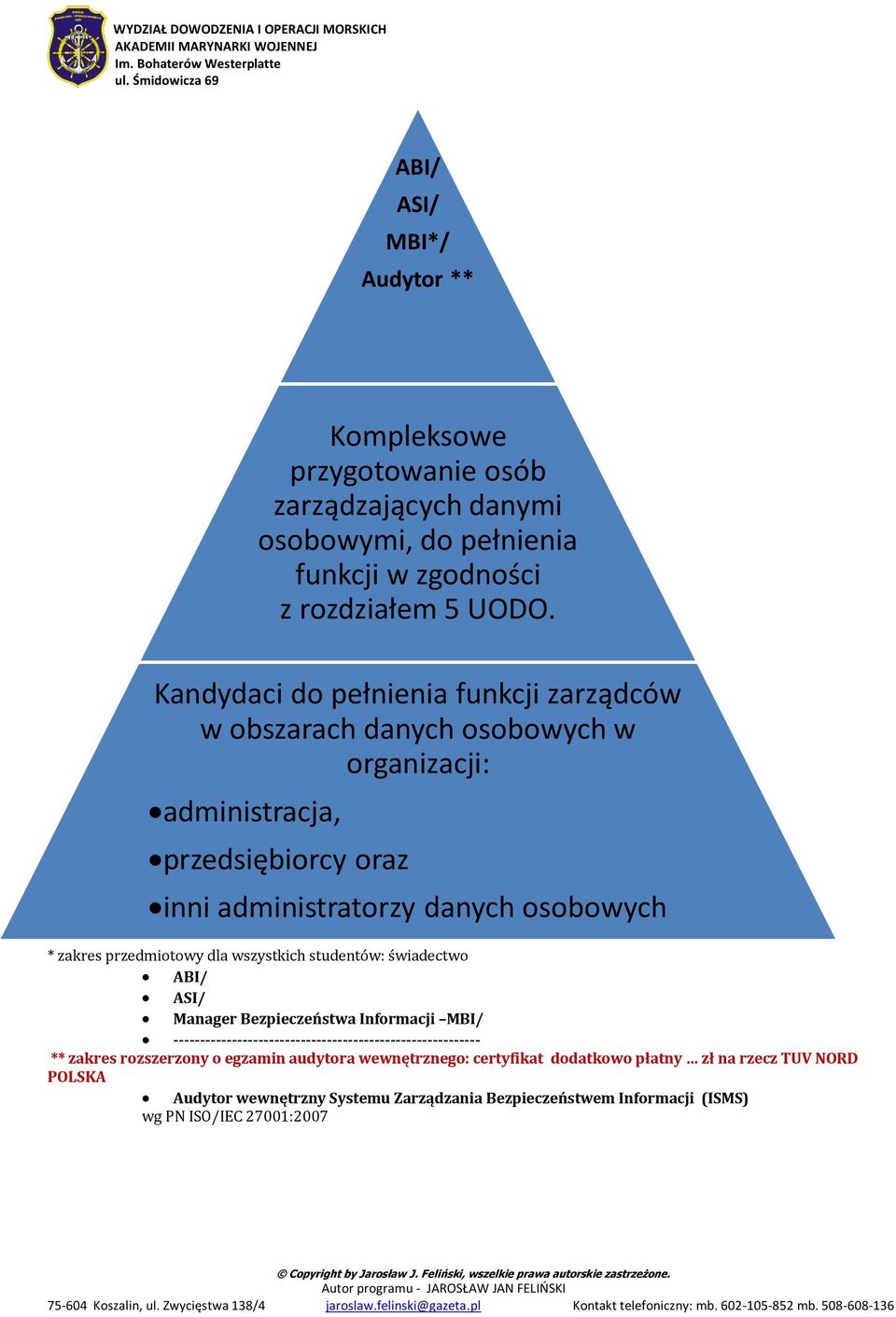 przedmiotowy dla wszystkich studentów: świadectwo ABI/ ASI/ Manager Bezpieczeństwa Informacji MBI/ ---------------------------------------------------------- ** zakres