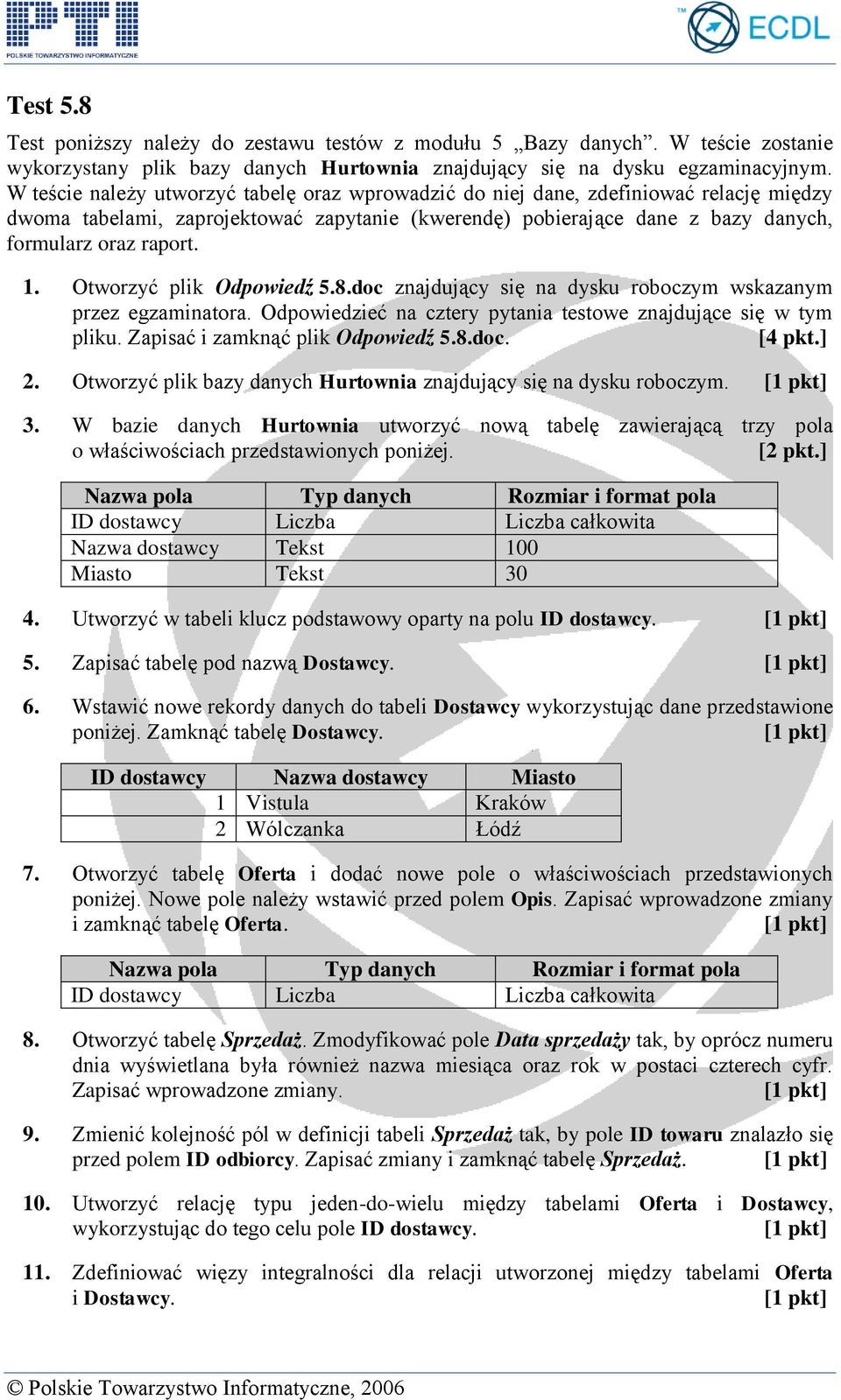 Otworzyć plik Odpowiedź 5.8.doc znajdujący się na dysku roboczym wskazanym przez egzaminatora. Odpowiedzieć na cztery pytania testowe znajdujące się w tym pliku. Zapisać i zamknąć plik Odpowiedź 5.8.doc. [4 pkt.