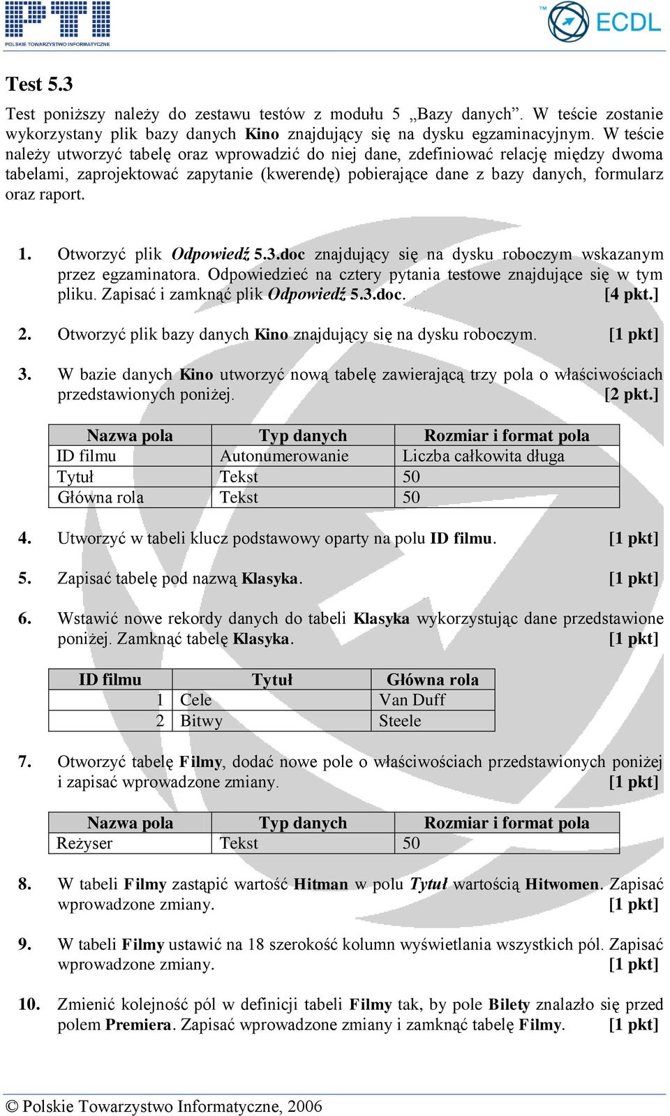 Otworzyć plik Odpowiedź 5.3.doc znajdujący się na dysku roboczym wskazanym przez egzaminatora. Odpowiedzieć na cztery pytania testowe znajdujące się w tym pliku. Zapisać i zamknąć plik Odpowiedź 5.3.doc. [4 pkt.