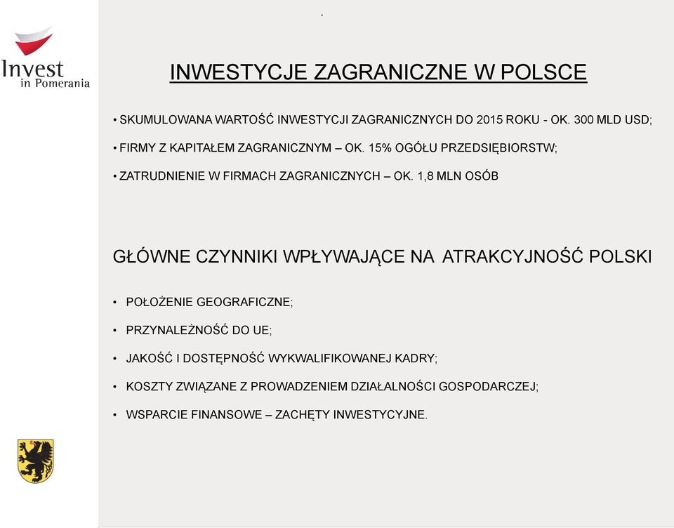 1,8 MLN OSÓB GŁÓWNE CZYNNIKI WPŁYWAJĄCE NA ATRAKCYJNOŚĆ POLSKI POŁOŻENIE GEOGRAFICZNE; PRZYNALEŻNOŚĆ DO UE; JAKOŚĆ