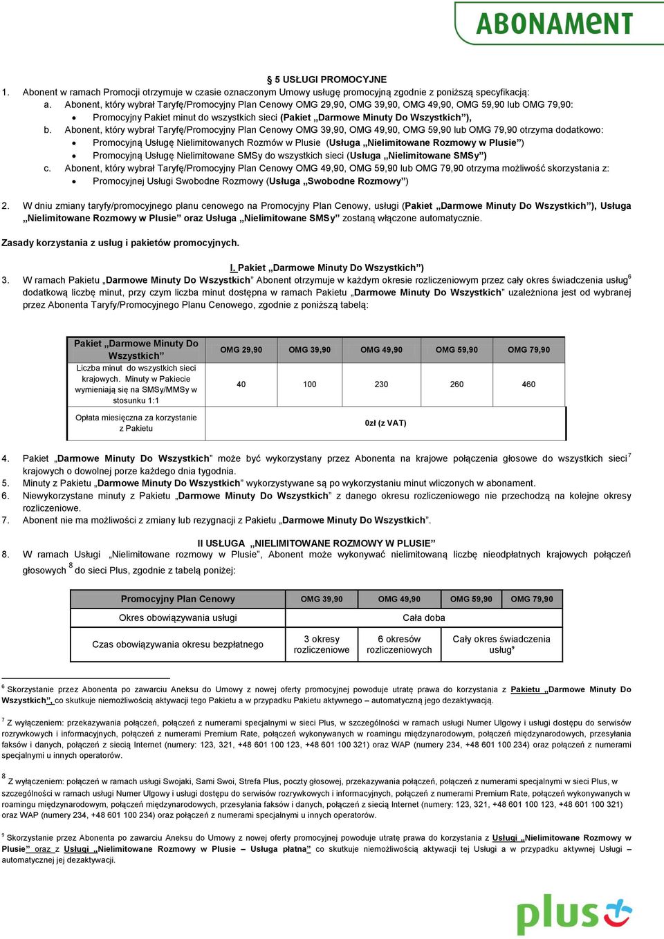 Abonent, który wybrał Taryfę/Promocyjny Plan Cenowy 39,90, 49,90, 59,90 lub 79,90 otrzyma dodatkowo: Promocyjną Usługę Nielimitowanych Rozmów w Plusie (Usługa Nielimitowane Rozmowy w Plusie )