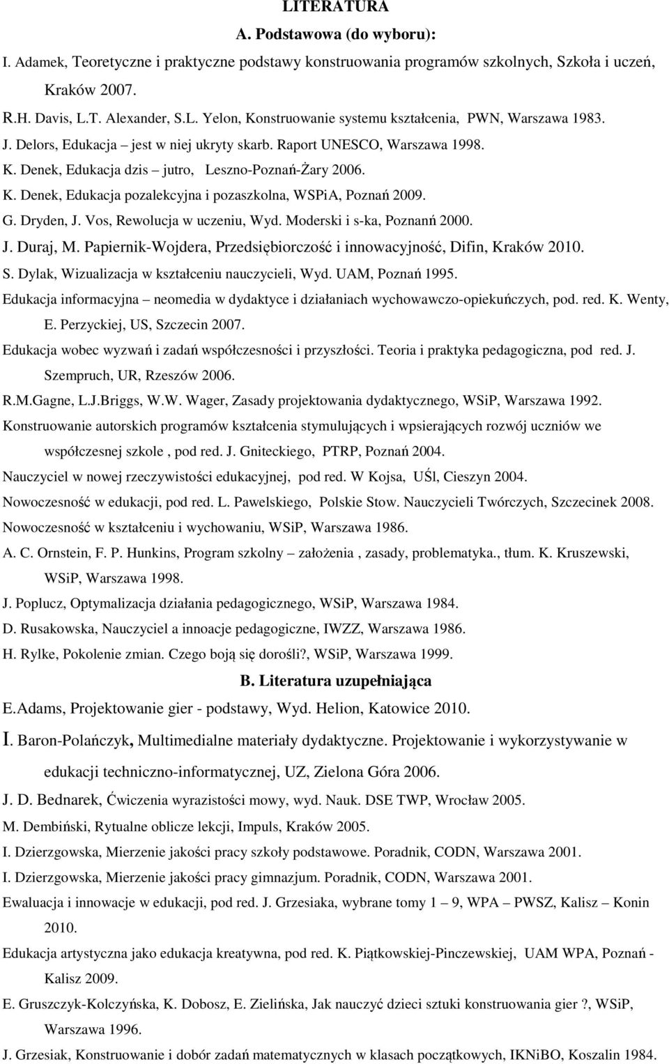 G. Dryden, J. Vos, Rewolucja w uczeniu, Wyd. Moderski i s-ka, Poznanń 2000. J. Duraj, M. Papiernik-Wojdera, Przedsiębiorczość i innowacyjność, Difin, Kraków 2010. S.