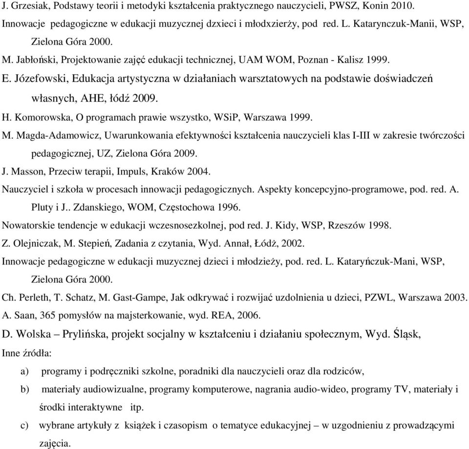 Józefowski, Edukacja artystyczna w działaniach warsztatowych na podstawie doświadczeń własnych, AHE, łódź 2009. H. Komorowska, O programach prawie wszystko, WSiP, Warszawa 1999. M.