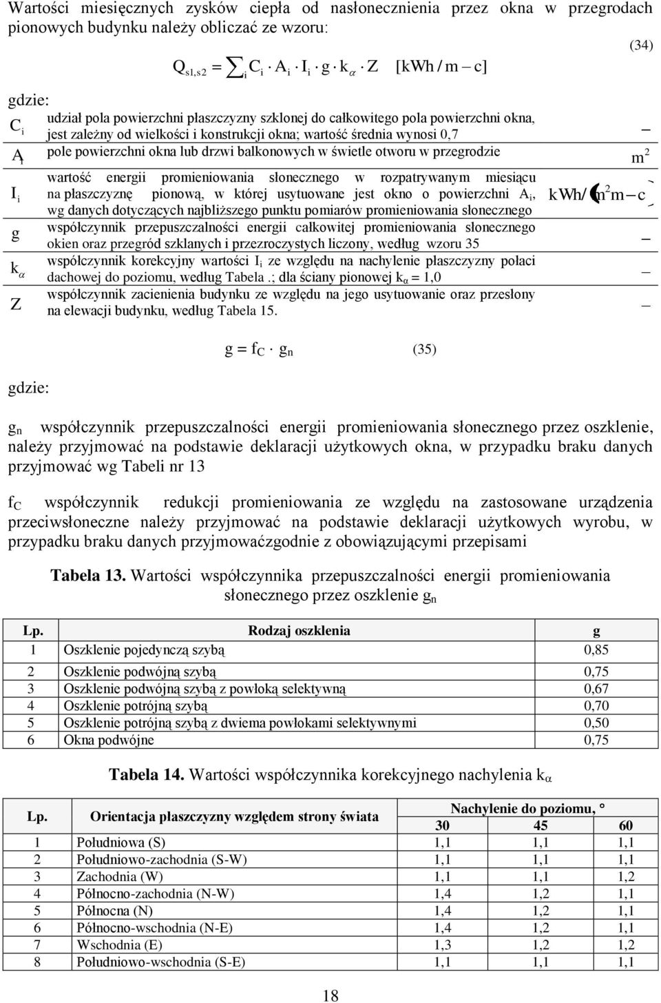 promenowana słonecznego w rozpatrywanym mesącu na płaszczyznę ponową, w której usytuowane jest okno o powerzchn A, wg danych dotyczących najblższego punktu pomarów promenowana słonecznego współczynnk