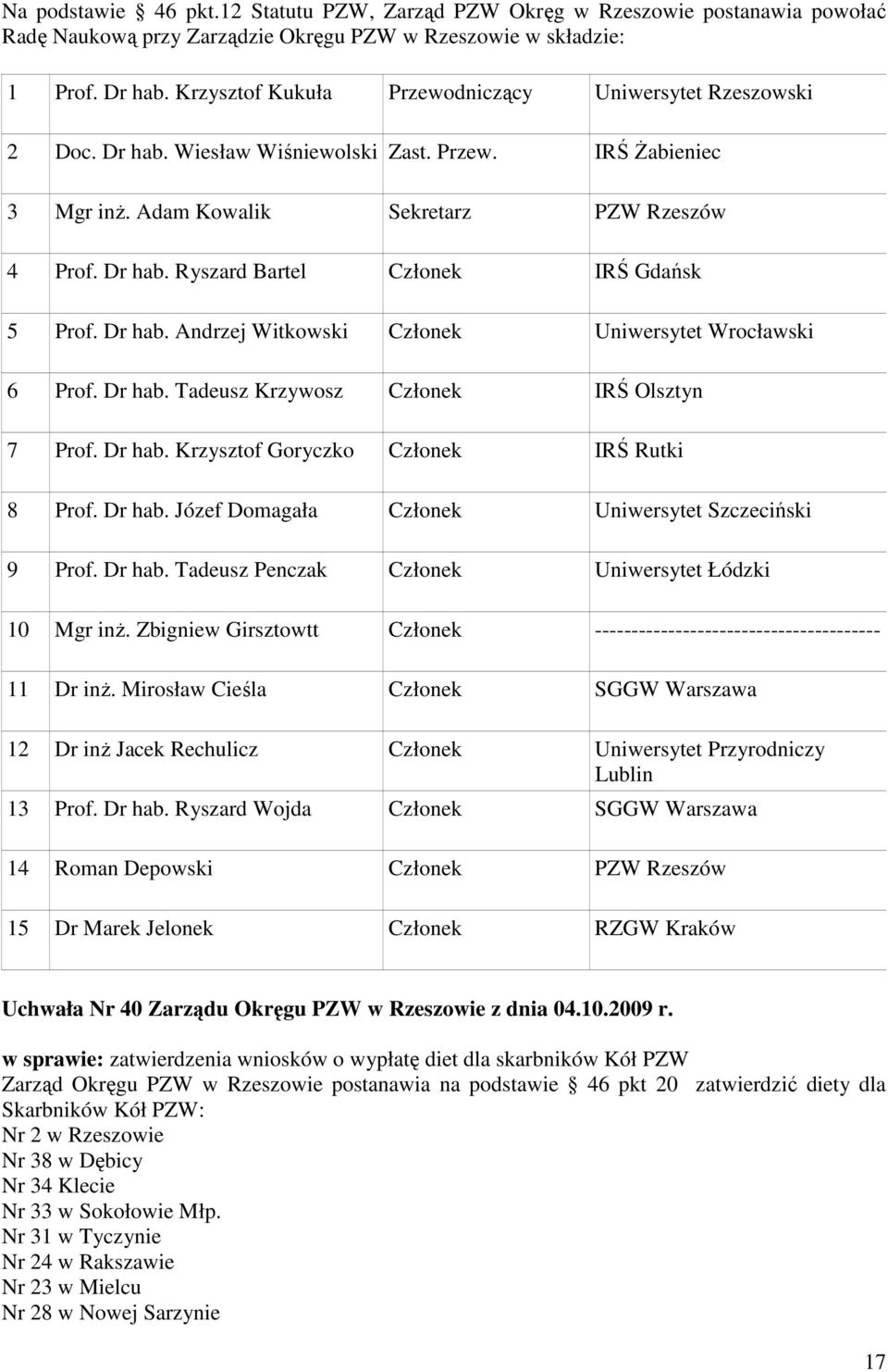 Dr hab. Andrzej Witkowski Członek Uniwersytet Wrocławski 6 Prof. Dr hab. Tadeusz Krzywosz Członek IRŚ Olsztyn 7 Prof. Dr hab. Krzysztof Goryczko Członek IRŚ Rutki 8 Prof. Dr hab. Józef Domagała Członek Uniwersytet Szczeciński 9 Prof.