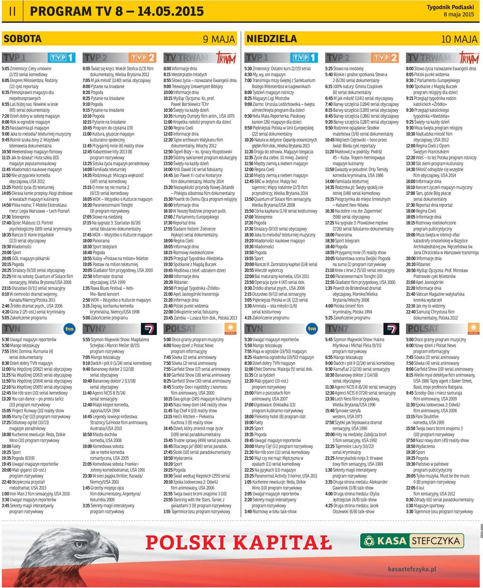 (11) cykl reportaży 6:35 Pełnosprawni magazyn dla niepełnosprawnych 6:55 Las bliżej nas: Nowinki w lesie (65) serial dokumentalny 7:20 Dzień dobry w sobotę magazyn 8:00 Rok w ogrodzie magazyn 8:25