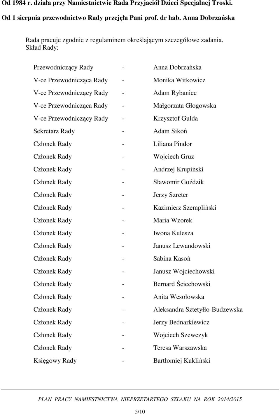 Skład Rady: Przewodniczący Rady - Anna Dobrzańska V-ce Przewodnicząca Rady - Monika Witkowicz V-ce Przewodniczący Rady - Adam Rybaniec V-ce Przewodnicząca Rady - Małgorzata Głogowska V-ce