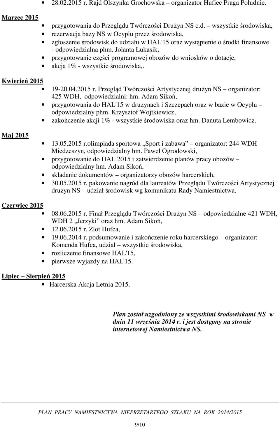 Przegląd Twórczości Artystycznej drużyn NS organizator: 425 WDH, odpowiedzialni: hm. Adam Sikoń, przygotowania do HAL'15 w drużynach i Szczepach oraz w bazie w Ocyplu odpowiedzialny phm.