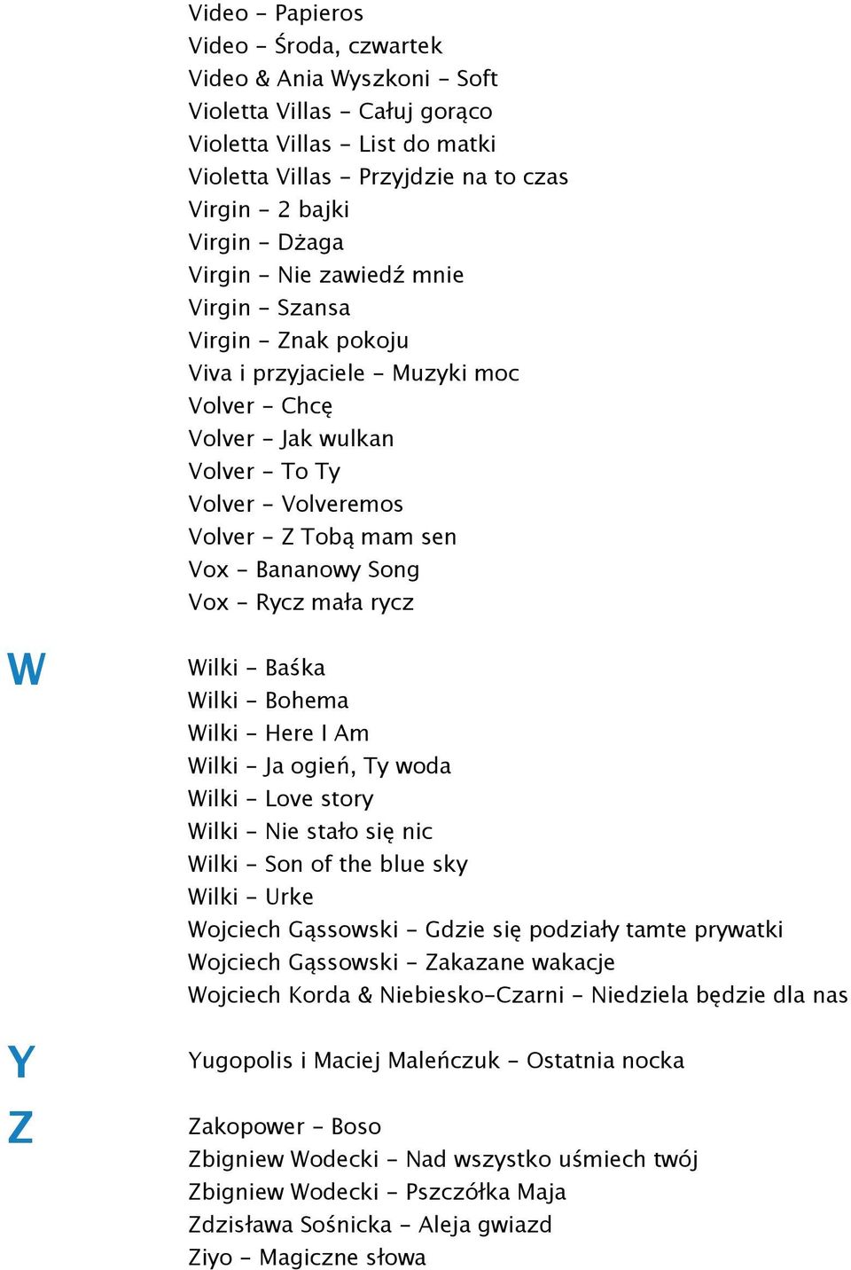 Bananowy Song Vox - Rycz mała rycz W Y Z Wilki - Baśka Wilki - Bohema Wilki - Here I Am Wilki - Ja ogień, Ty woda Wilki - Love story Wilki - Nie stało się nic Wilki - Son of the blue sky Wilki - Urke